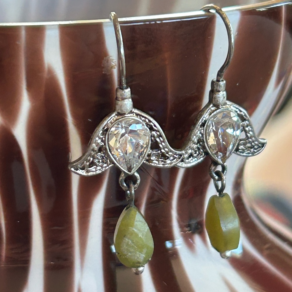 Winged Crystal Drop Pierced Earrings with Faceted Teardrop Peridot